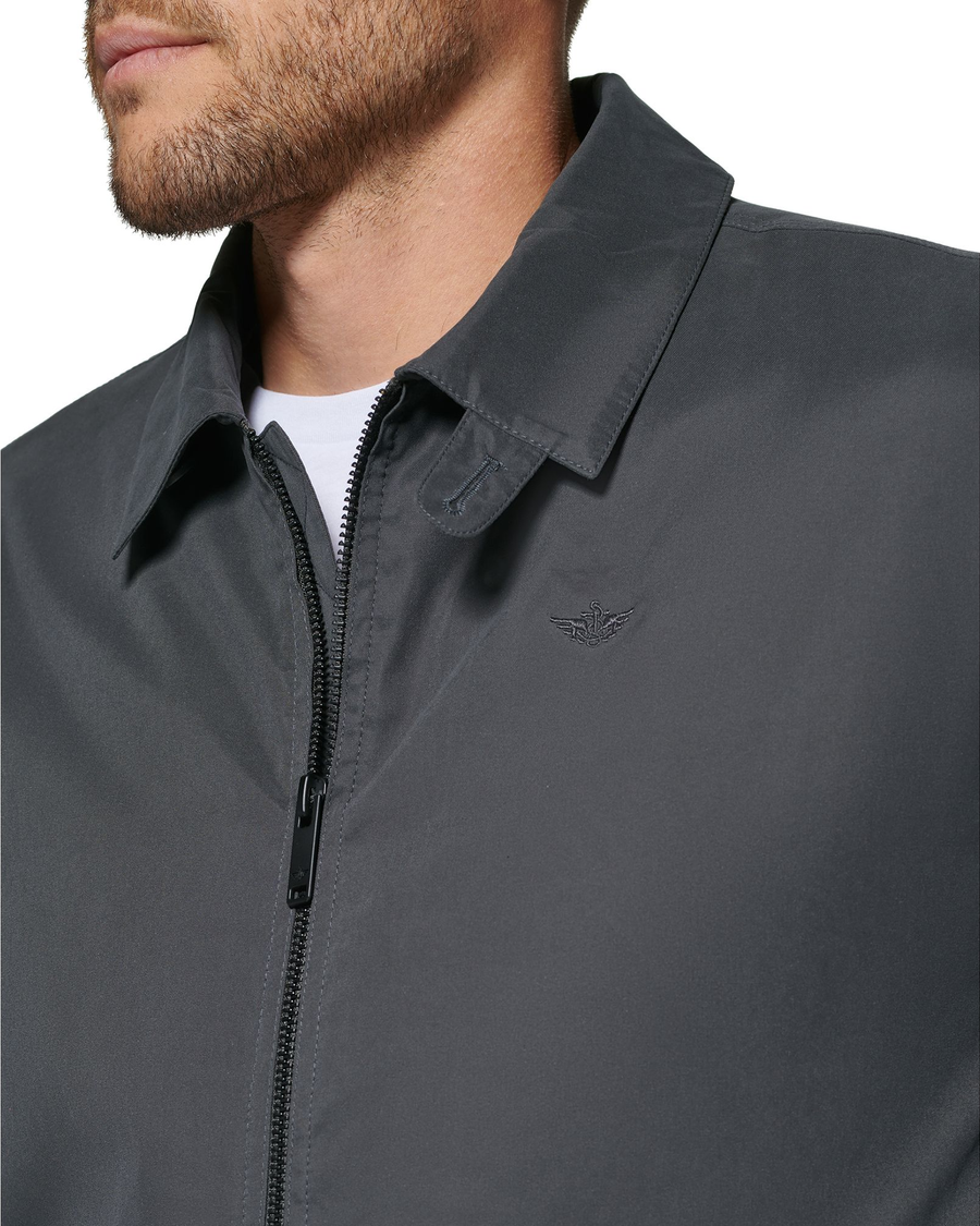 View of model wearing Steelhead Microtwill Relaxed Laydown Collar Bomber.