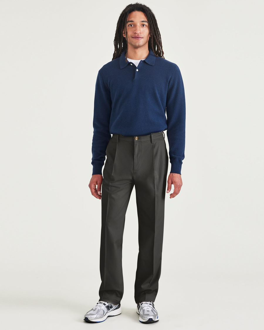 Front view of model wearing Steelhead Signature Iron Free Khakis, Pleated, Relaxed Fit with Stain Defender®.