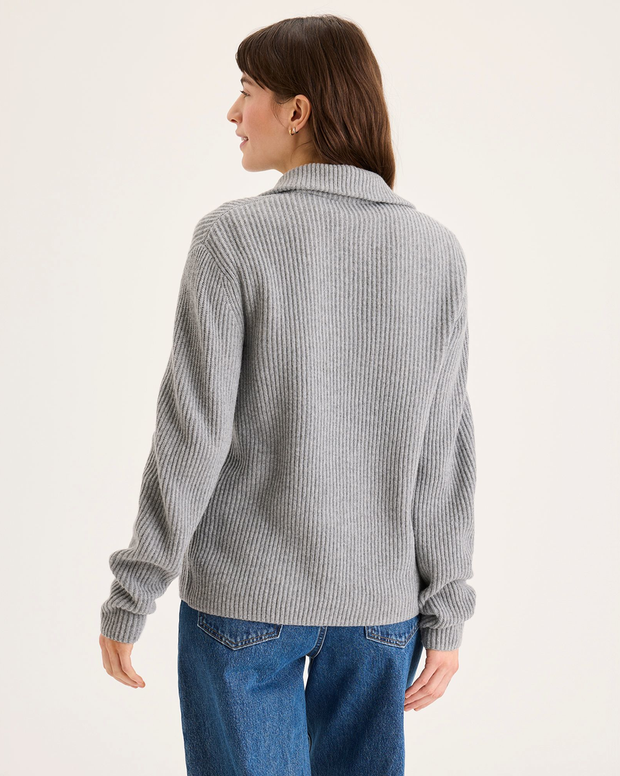 Back view of model wearing Superb Grey Goose Quarter Zip Sweater, Regular Fit.