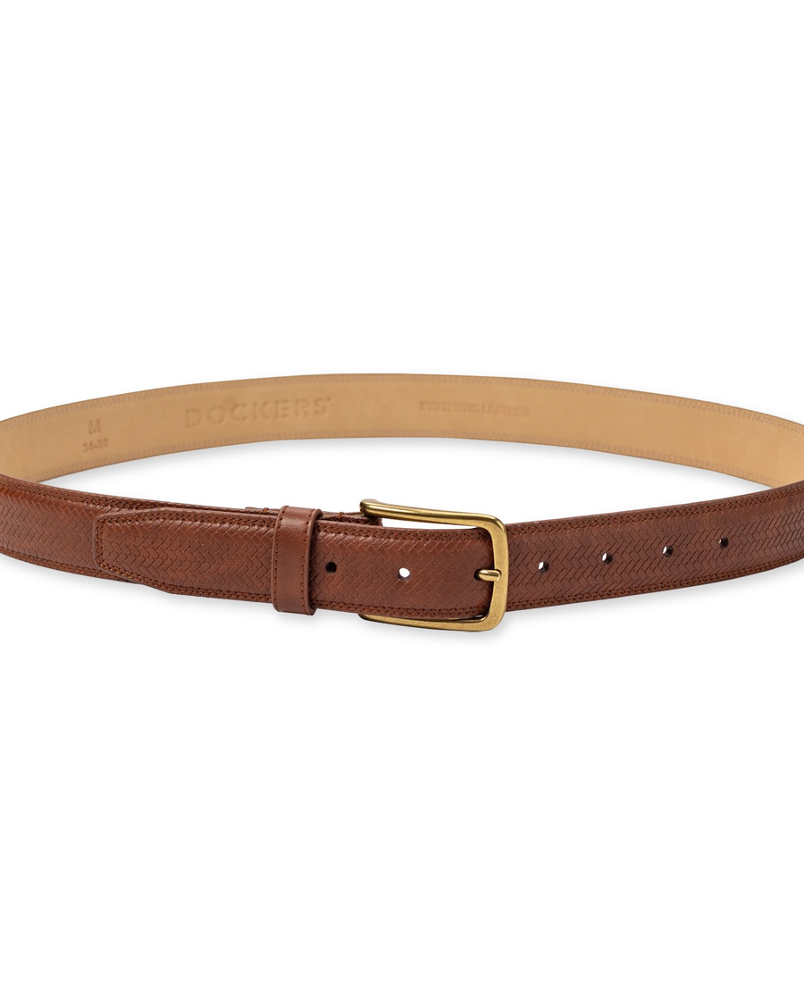 Front view of  Tan Feather Edge Basketweave Belt, 32 MM.