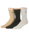 View of  Tan Multi Flat Knit Crew Socks with Embroidery, 3 Pack.