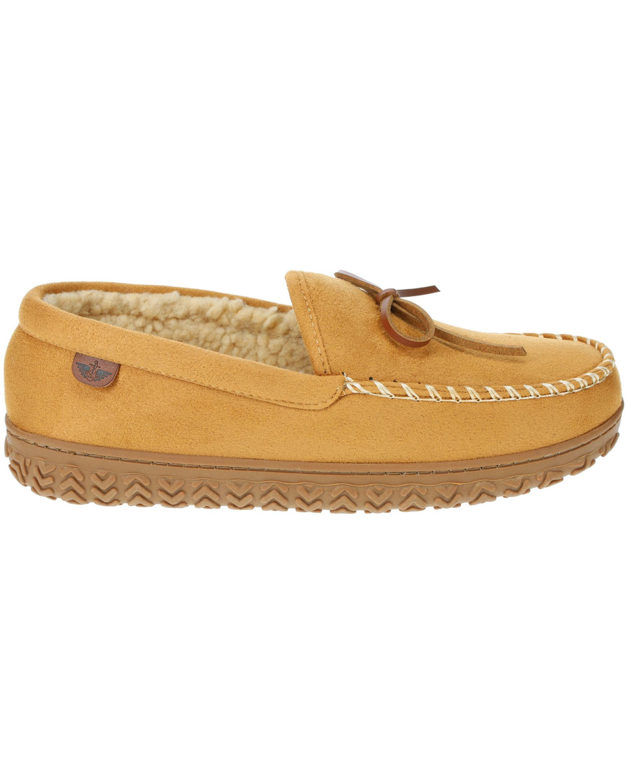 View of  Tan Rugged Microsuede Boater Moccasin Slippers.