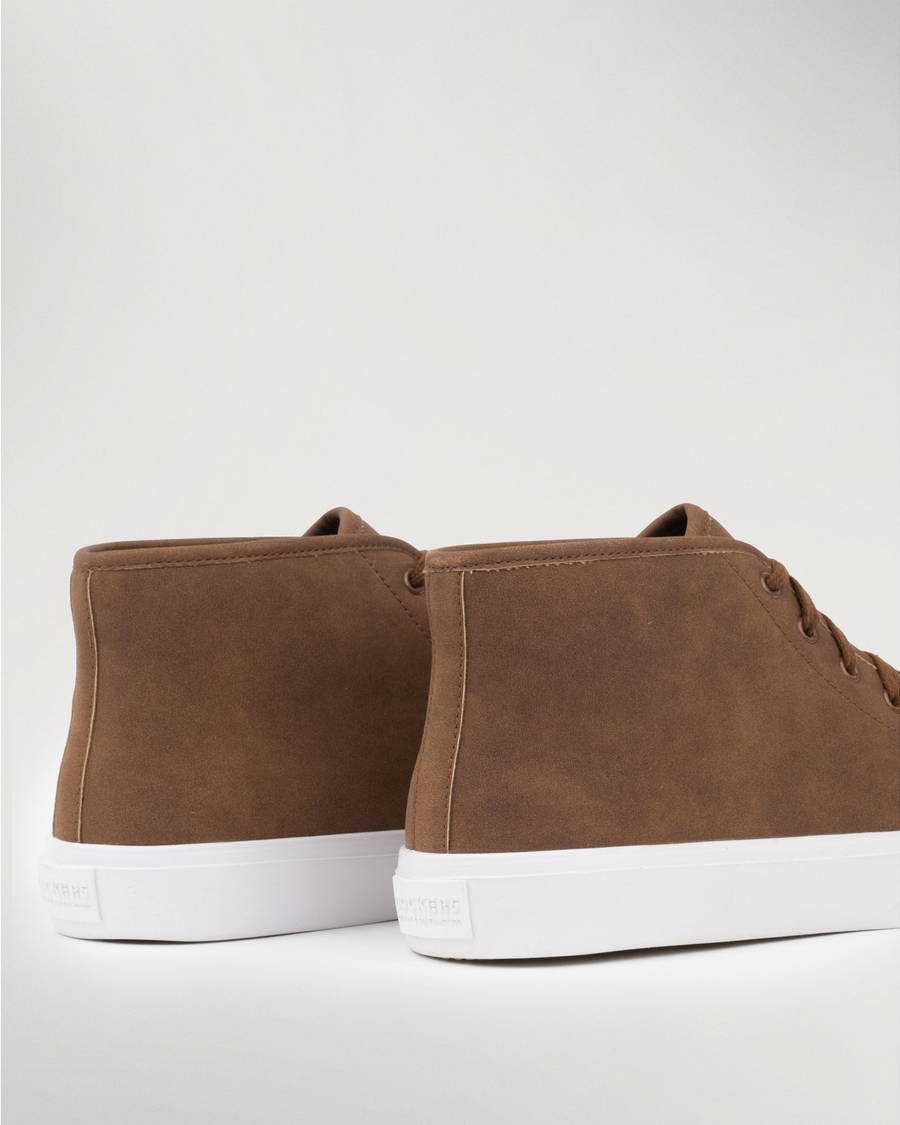 Back view of  Tan Synthetic Suede Forbes High Top Sneakers.