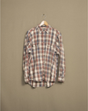 Front view of model wearing Tan Tan Plaid Flannel Shirt - M.