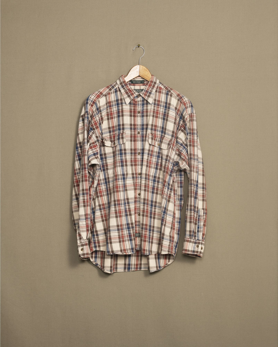Front view of model wearing Tan Tan Plaid Flannel Shirt - M.