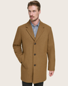 View of model wearing Tan Wool Blend Top Coat.