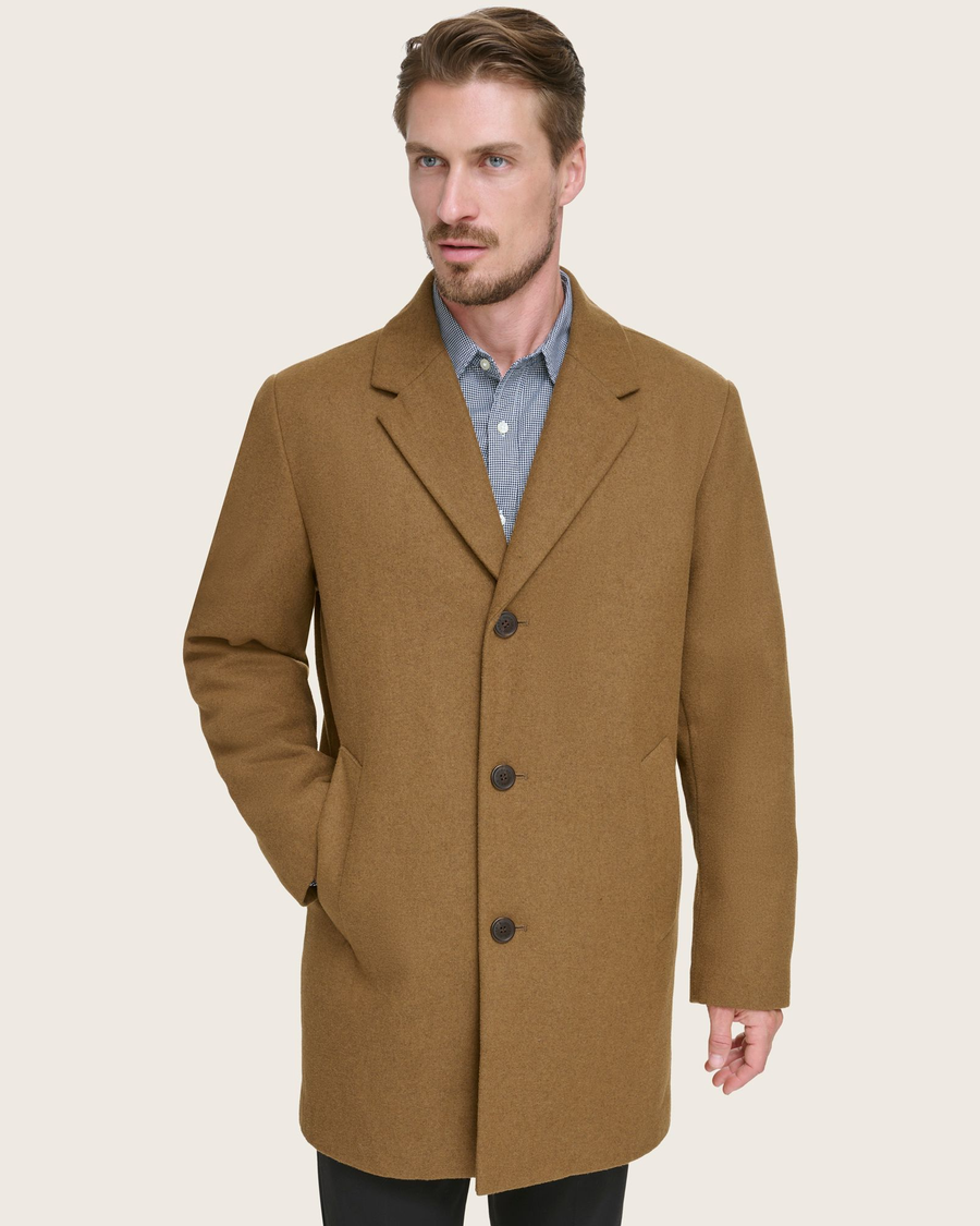 View of model wearing Tan Wool Blend Top Coat.