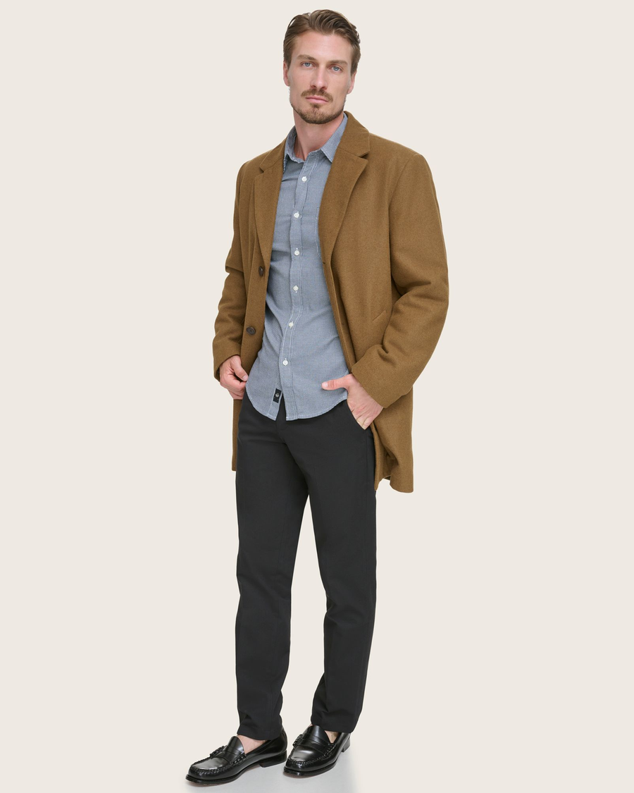 View of model wearing Tan Wool Blend Top Coat.