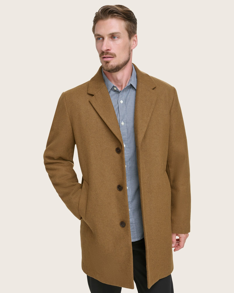 View of model wearing Tan Wool Blend Top Coat.