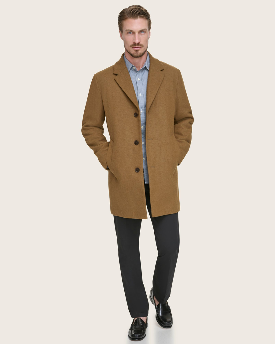 Front view of model wearing Tan Wool Blend Top Coat.