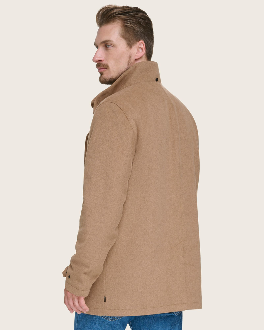 Back view of model wearing Tan Wool Blend Walking Coat w/ Bib.