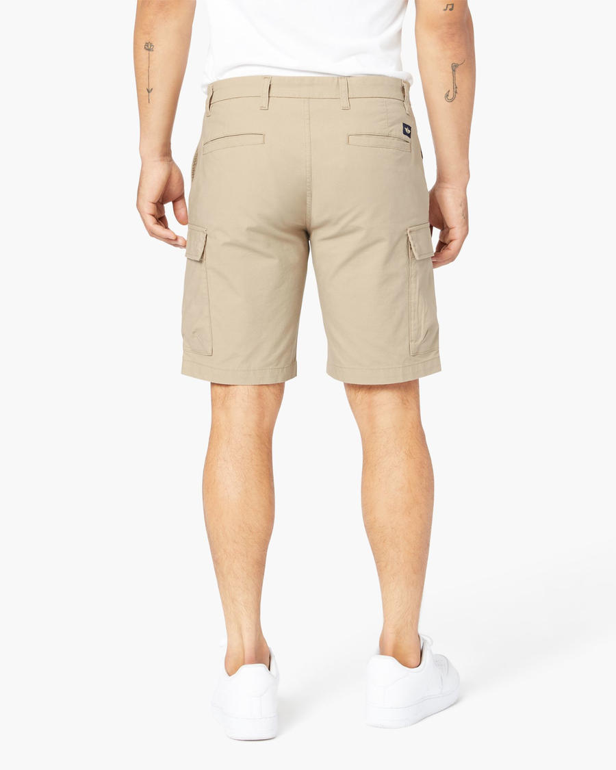 Back view of model wearing Taupe Sand Tech Cargo 9" Shorts.