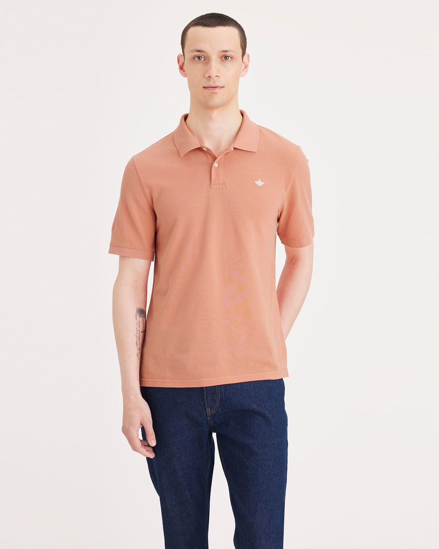 Front view of model wearing Tawny Orange Rib Collar Polo, Slim Fit.