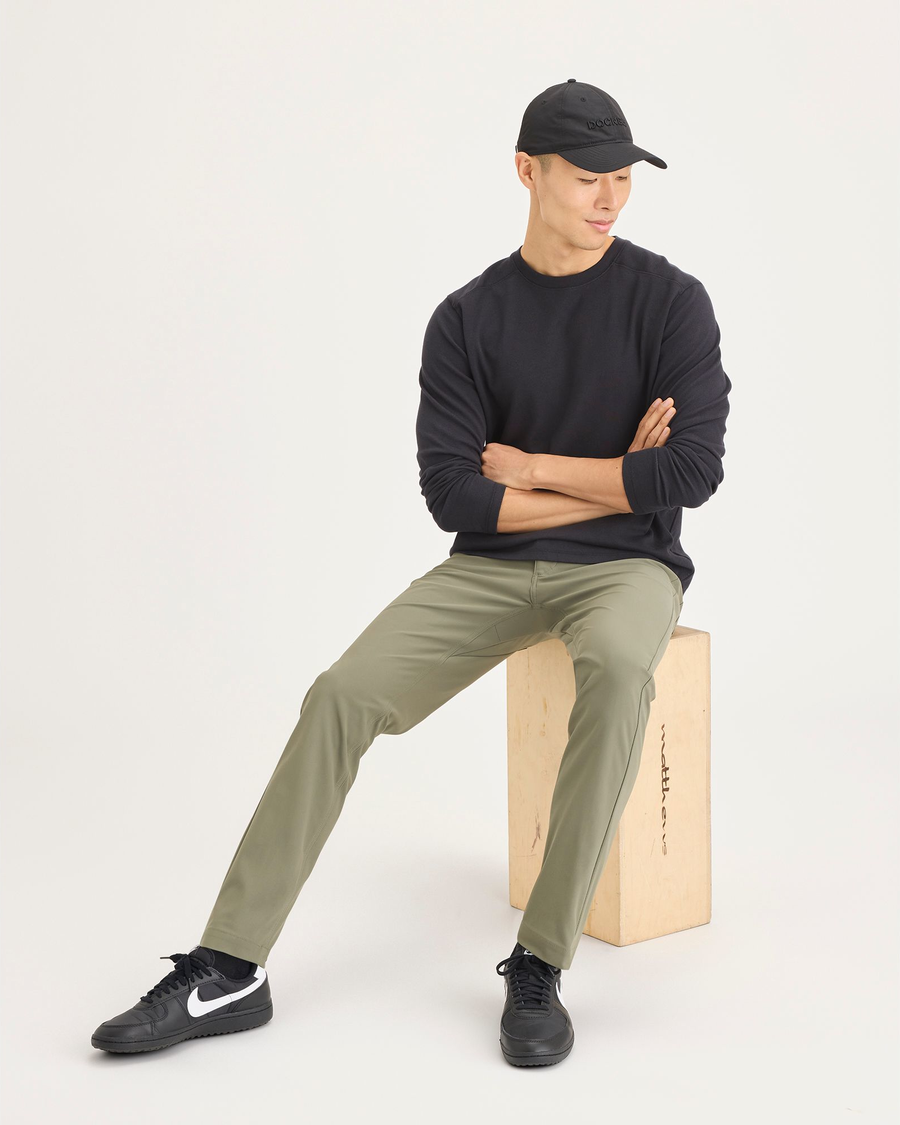 View of model wearing Tea Leaf Go Airweave Chino, Slim Tapered Fit.