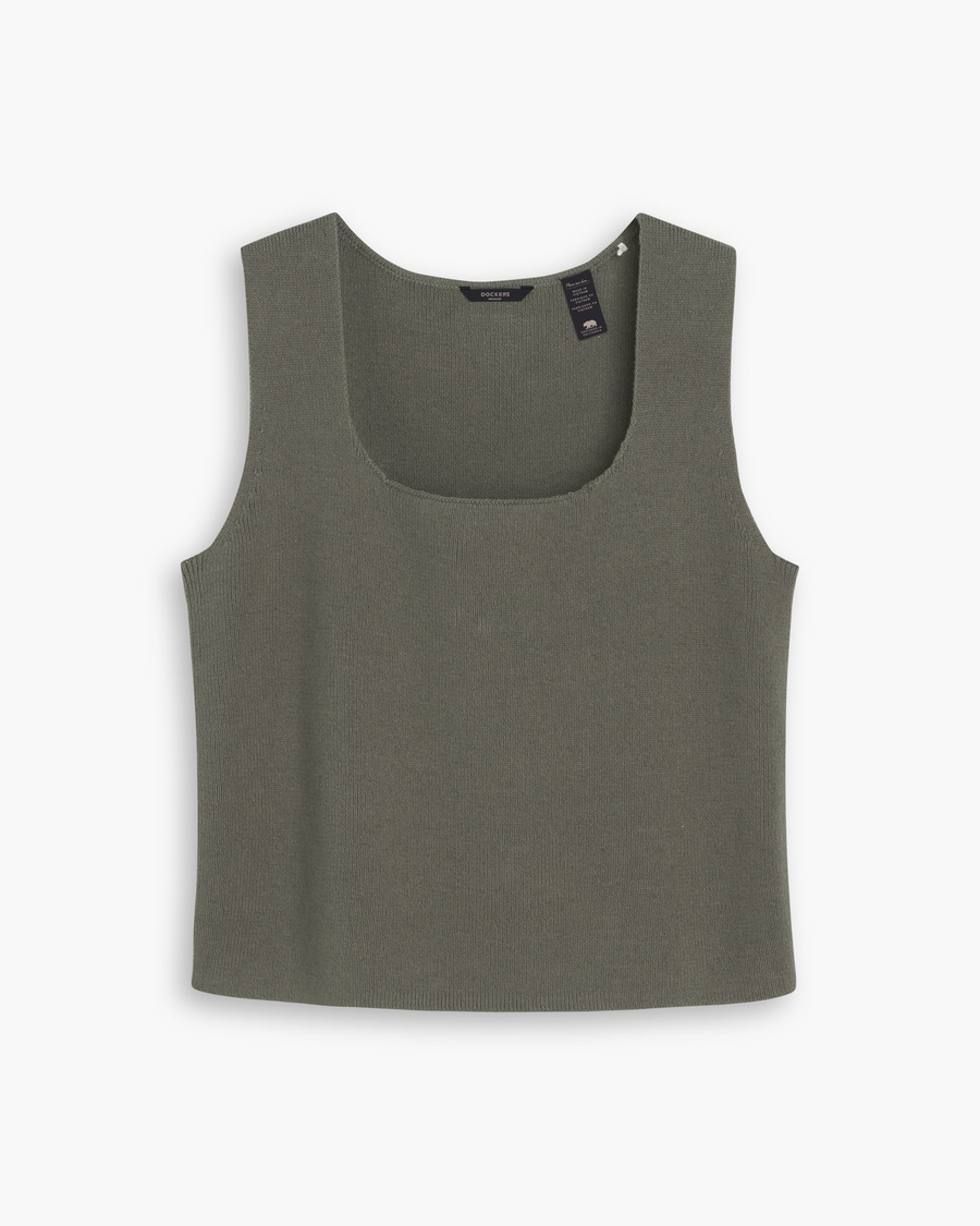 View of model wearing Tea Leaf Sweater Tank, Regular Fit.