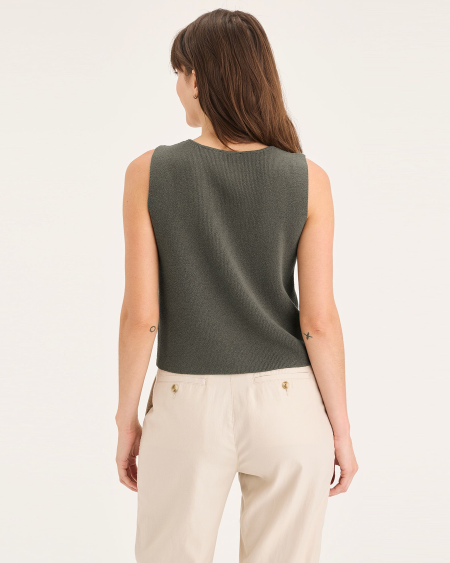 Back view of model wearing Tea Leaf Sweater Tank, Regular Fit.