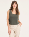 Front view of model wearing Tea Leaf Sweater Tank, Regular Fit.