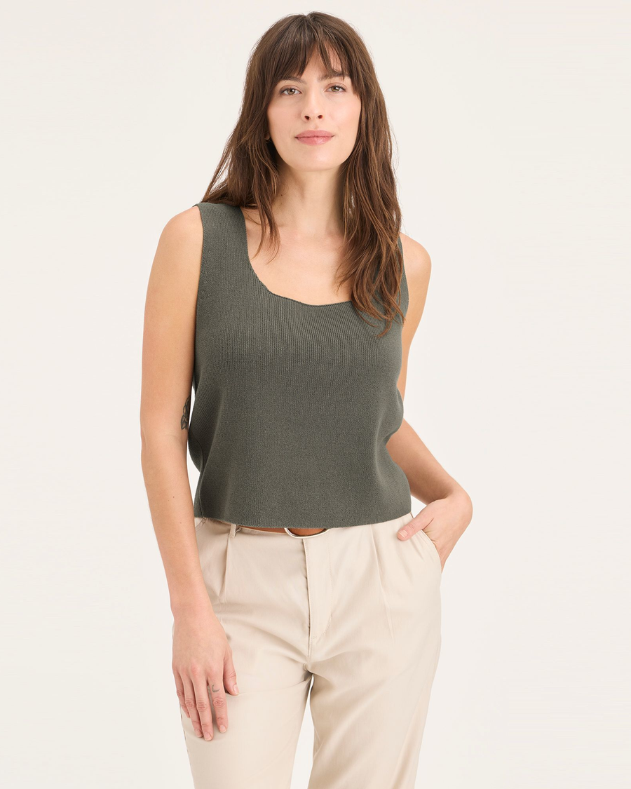 Front view of model wearing Tea Leaf Sweater Tank, Regular Fit.