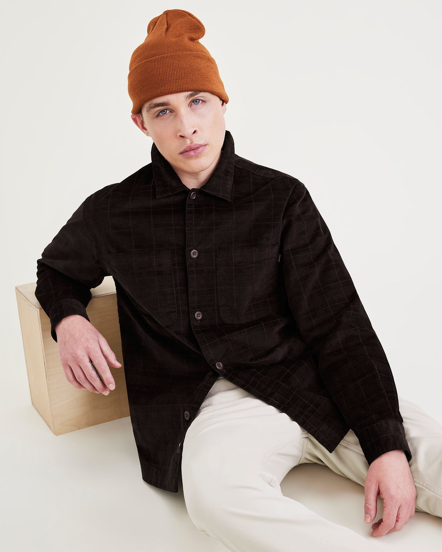 View of model wearing Tempo Black Bean Overshirt, Relaxed Fit: Premium Edition.