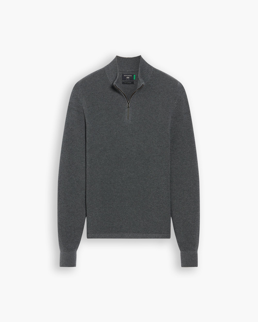 View of model wearing Thunderstorm Grey 1/4 Zip Sweater, Regular Fit.