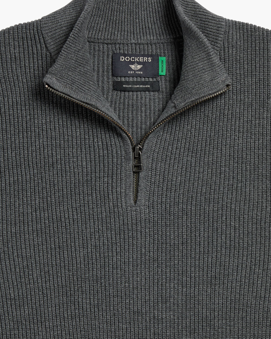 View of model wearing Thunderstorm Grey 1/4 Zip Sweater, Regular Fit.