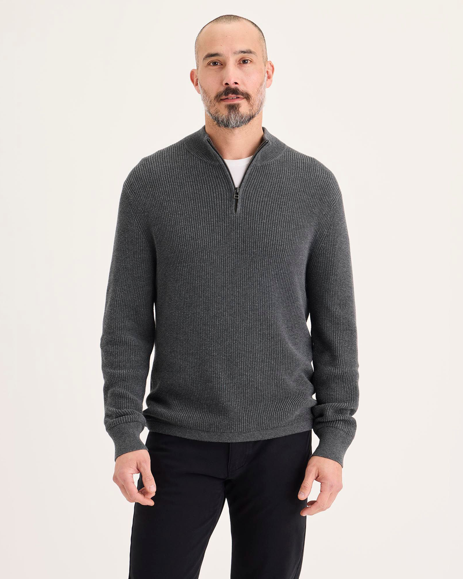 Front view of model wearing Thunderstorm Grey 1/4 Zip Sweater, Regular Fit.