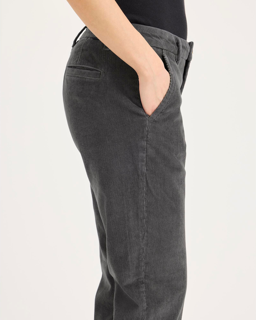 Side view of model wearing Thunderstorm Grey Weekend Chino, Slim Fit.