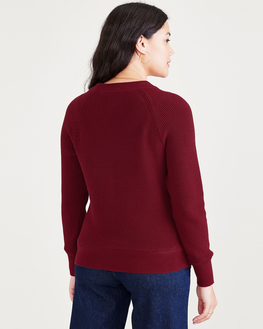 Back view of model wearing Tibetan Red Crewneck Sweater, Classic Fit.