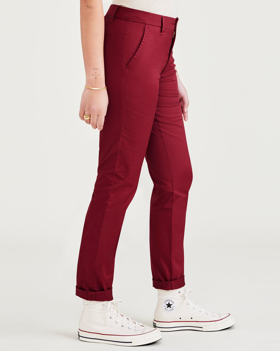 Side view of model wearing Tibetan Red Weekend Chinos, Slim Fit.