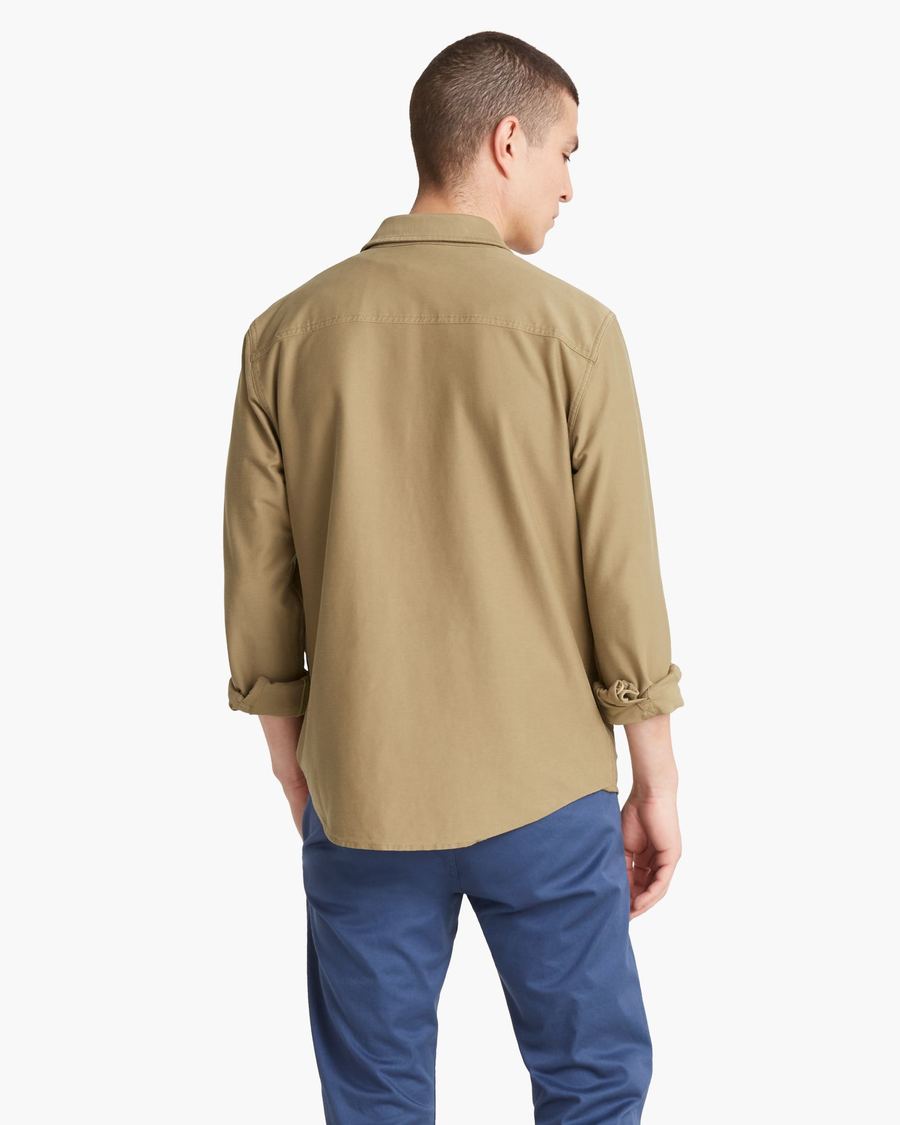 Back view of model wearing Tierra Khaki Alpha Shirt Jacket.
