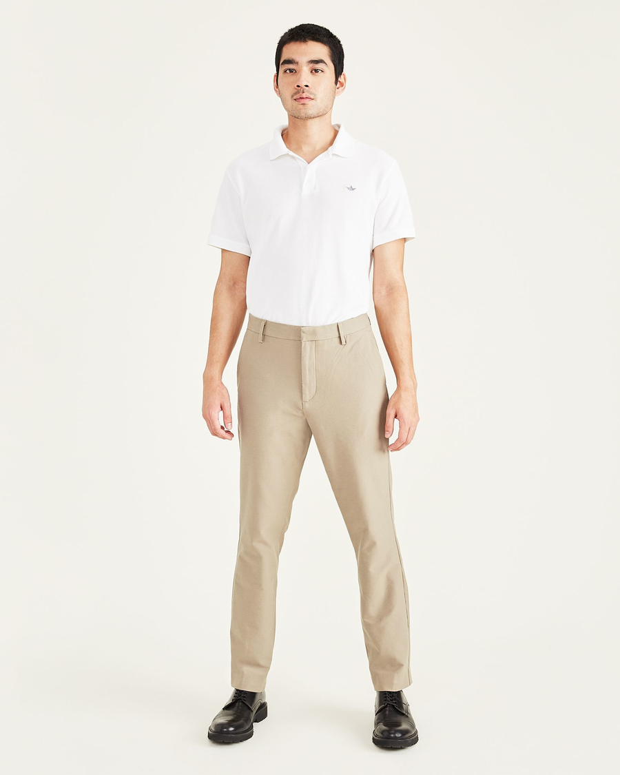 Front view of model wearing Timber Wolf Comfort Knit Trousers, Slim Fit.