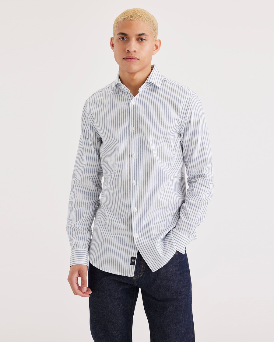 Front view of model wearing Trace Dobby Lucent White Crafted Shirt, Slim Fit.