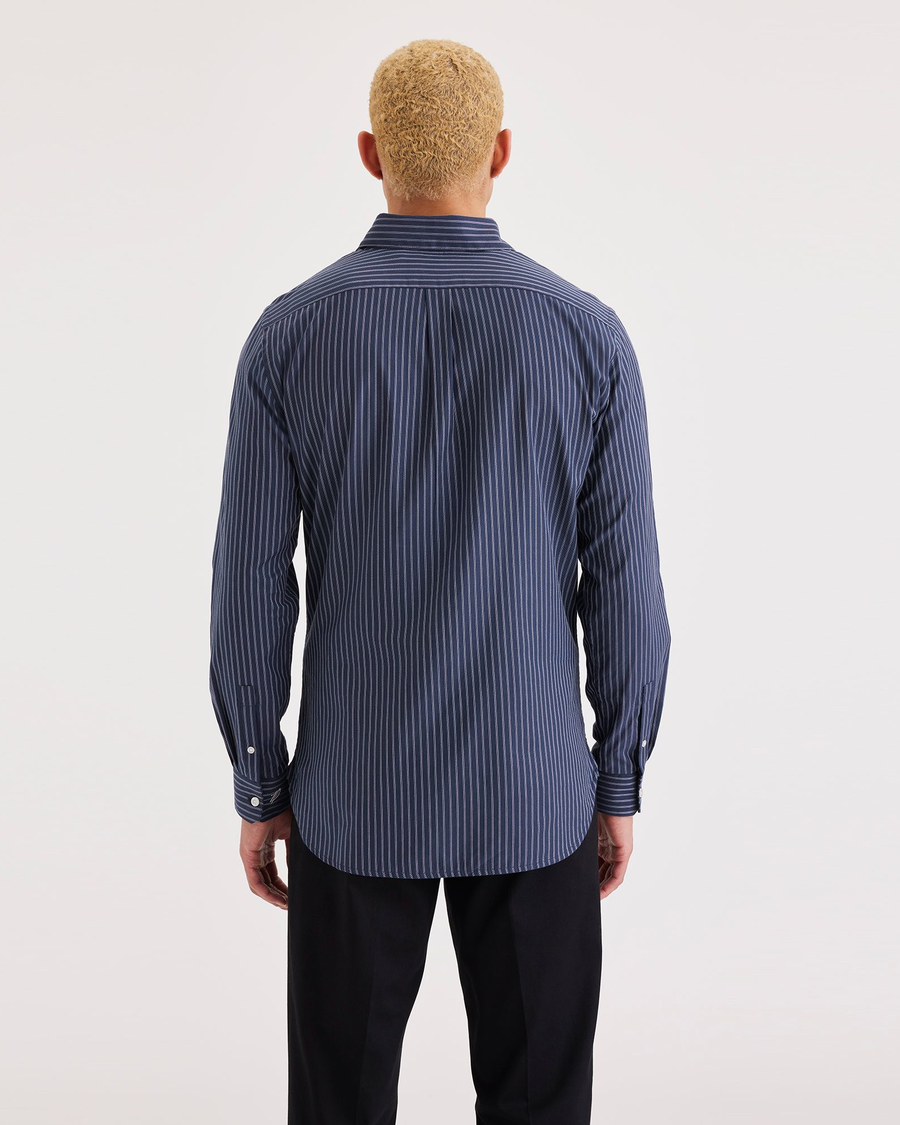 Back view of model wearing Trace Dobby Navy Blazer Crafted Shirt, Slim Fit.