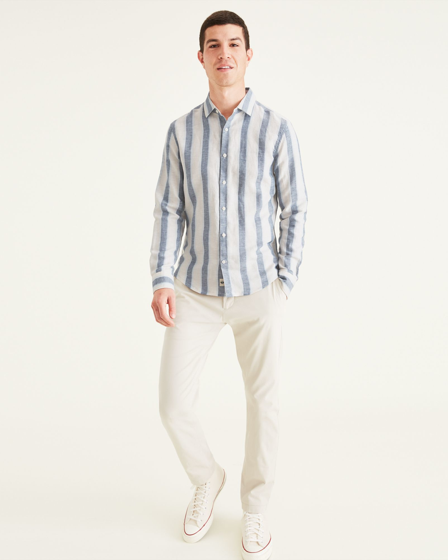 View of model wearing Tullis Sunset Blue Alpha Spread Collar Shirt, Slim Fit.