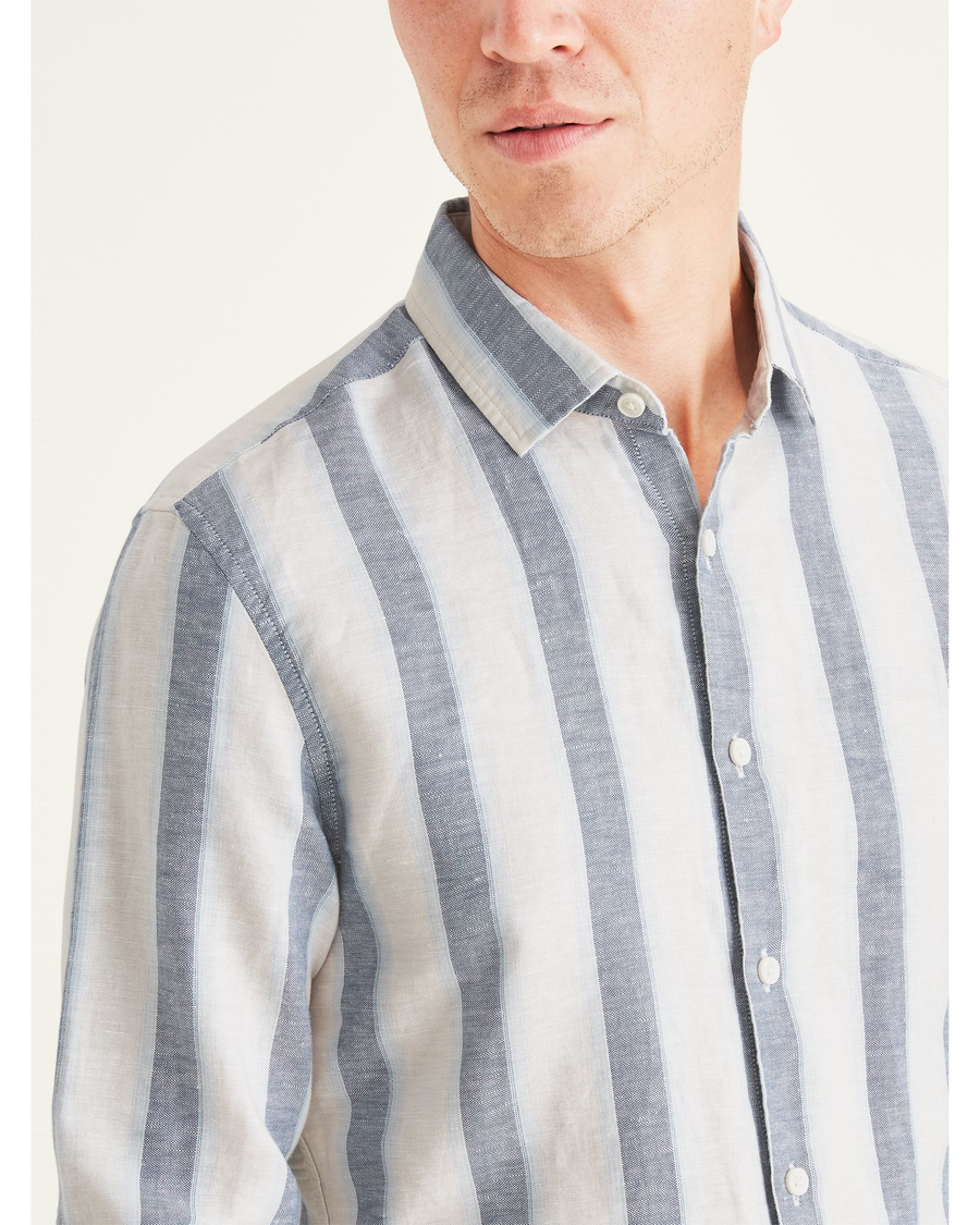 View of model wearing Tullis Sunset Blue Alpha Spread Collar Shirt, Slim Fit.