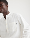 View of model wearing Undyed Cotton Linen Popover Band Collar Shirt, Regular Fit.