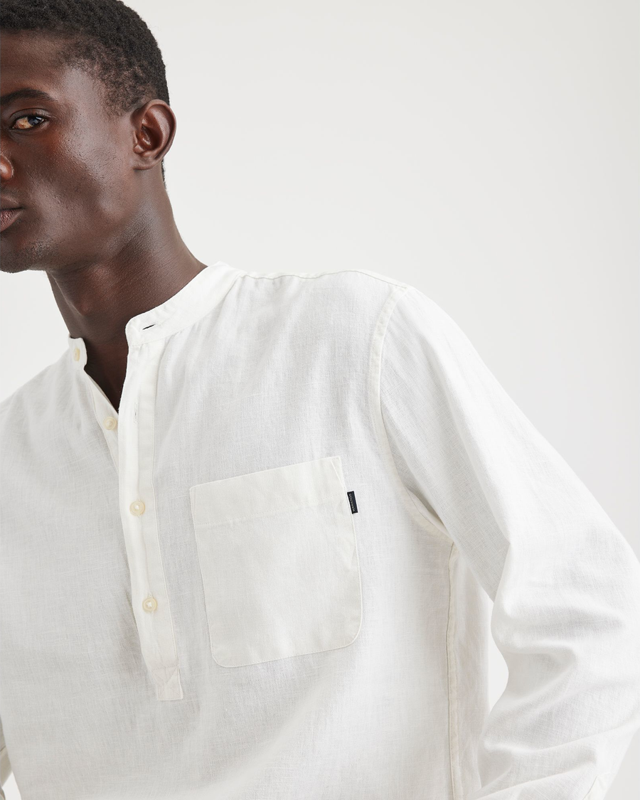 View of model wearing Undyed Cotton Linen Popover Band Collar Shirt, Regular Fit.