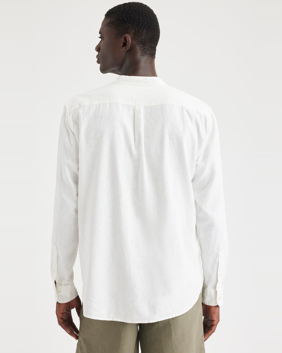 Back view of model wearing Undyed Cotton Linen Popover Band Collar Shirt, Regular Fit.