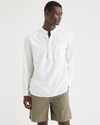 Front view of model wearing Undyed Cotton Linen Popover Band Collar Shirt, Regular Fit.