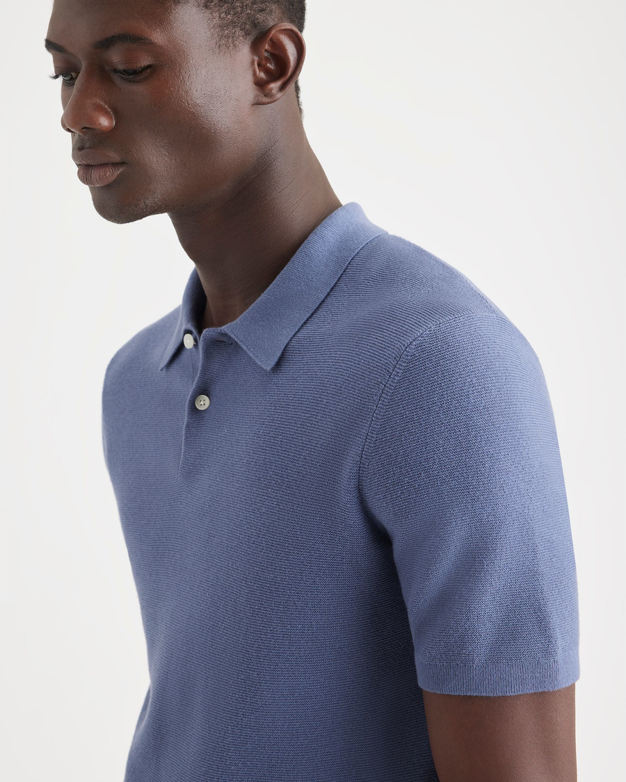 View of model wearing Vintage Indigo Sweater Polo, Regular Fit.