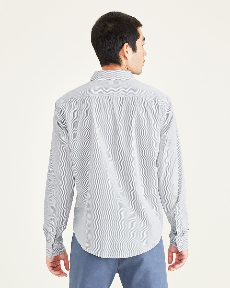 Back view of model wearing Vintage Indigo Washed Poplin Shirt, Regular Fit.