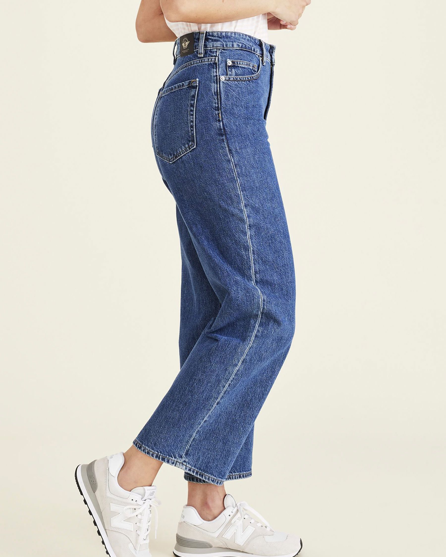 Side view of model wearing Visalia Jean Cut Pants, High Straight Fit.