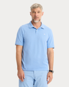 View of model wearing Vista Blue Rib Collar Polo, Slim Fit.