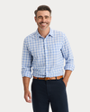 View of model wearing Vista Blue Ultimate Shirt, Regular Fit.