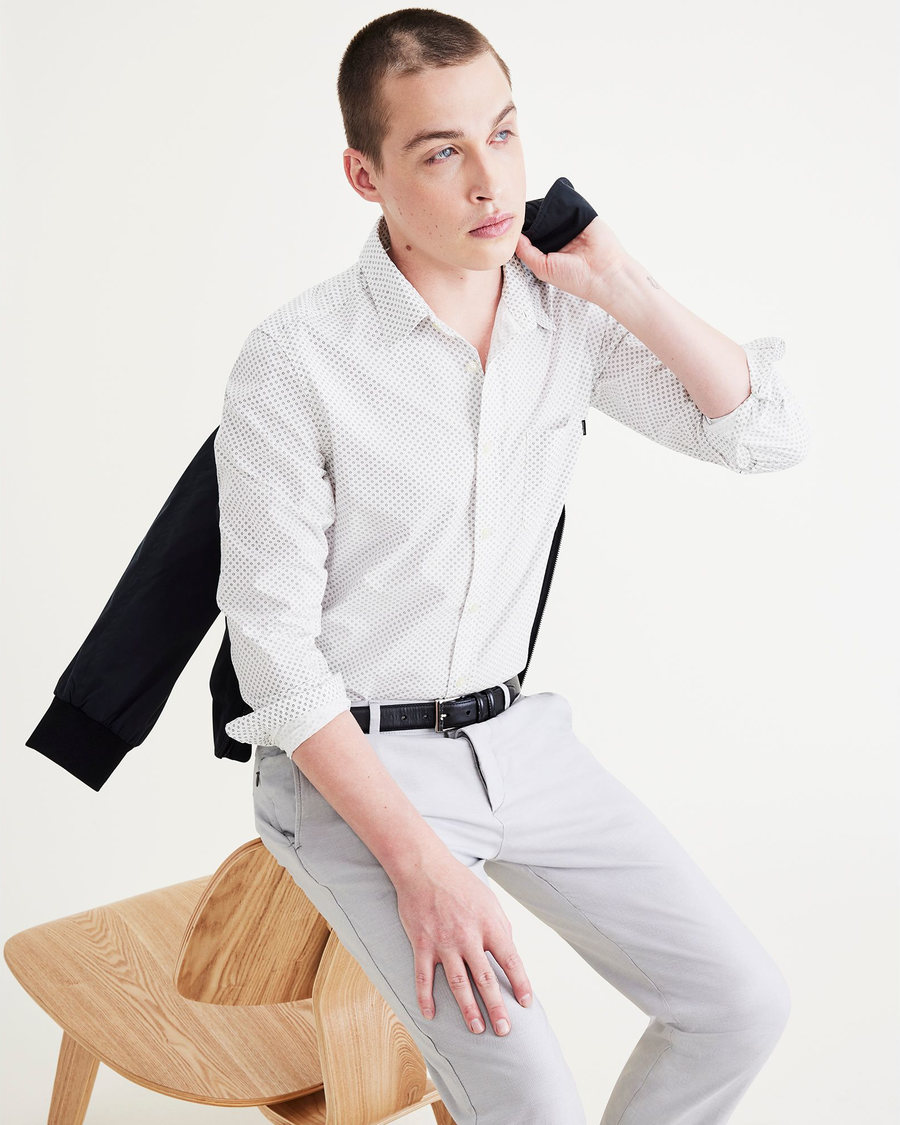 View of model wearing Westward Lucent White Original Button Up, Slim Fit.