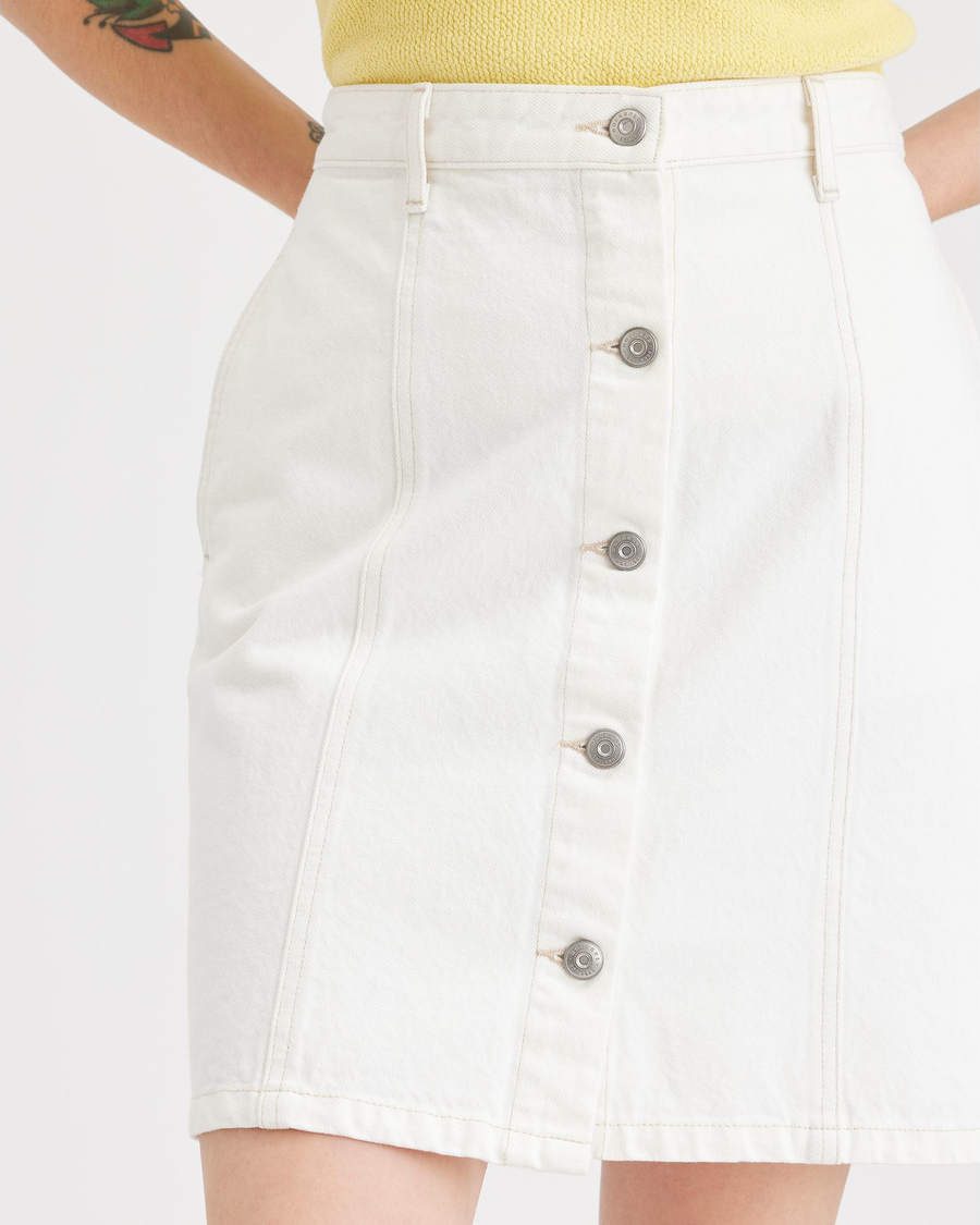 View of model wearing White Button Front Mini Skirt.
