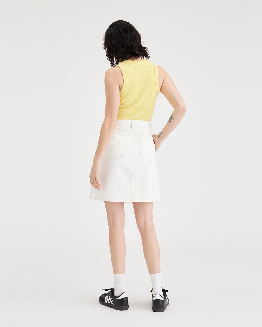 Back view of model wearing White Button Front Mini Skirt.