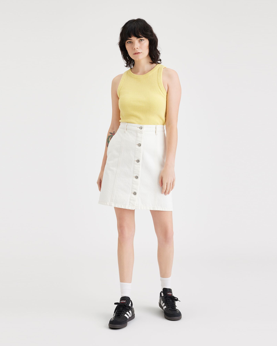 Front view of model wearing White Button Front Mini Skirt.