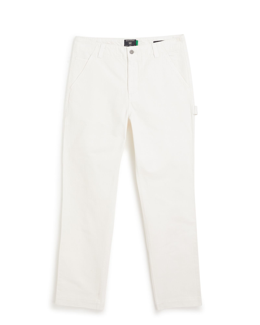 View of model wearing White California Carpenter Pants, Straight Fit.