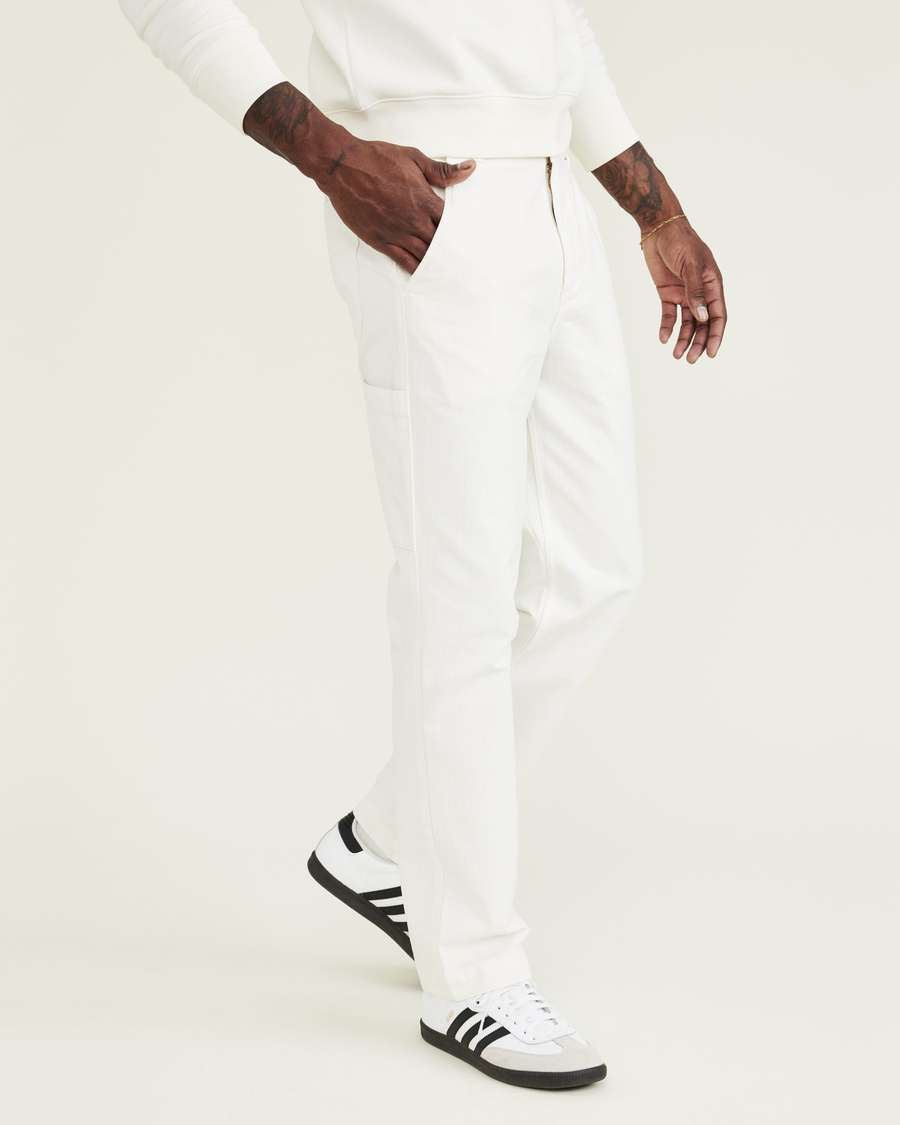 Side view of model wearing White California Carpenter Pants, Straight Fit.